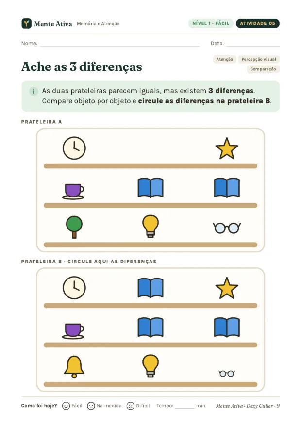 Página real: atividade Ache as 3 diferenças, com duas prateleiras de objetos para comparar.