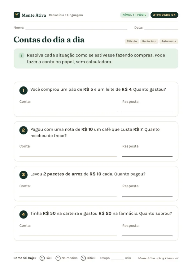 Página real: atividade Contas do dia a dia, com problemas de compras e troco.