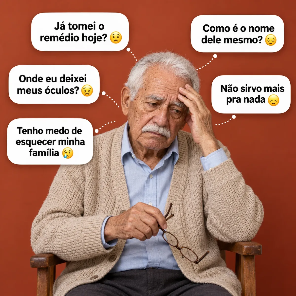 Senhor idoso sentado, com a mão na testa e os óculos na mão, cercado de pensamentos: Já tomei o remédio hoje? Como é o nome dele mesmo? Onde eu deixei meus óculos? Não sirvo mais pra nada. Tenho medo de esquecer minha família.