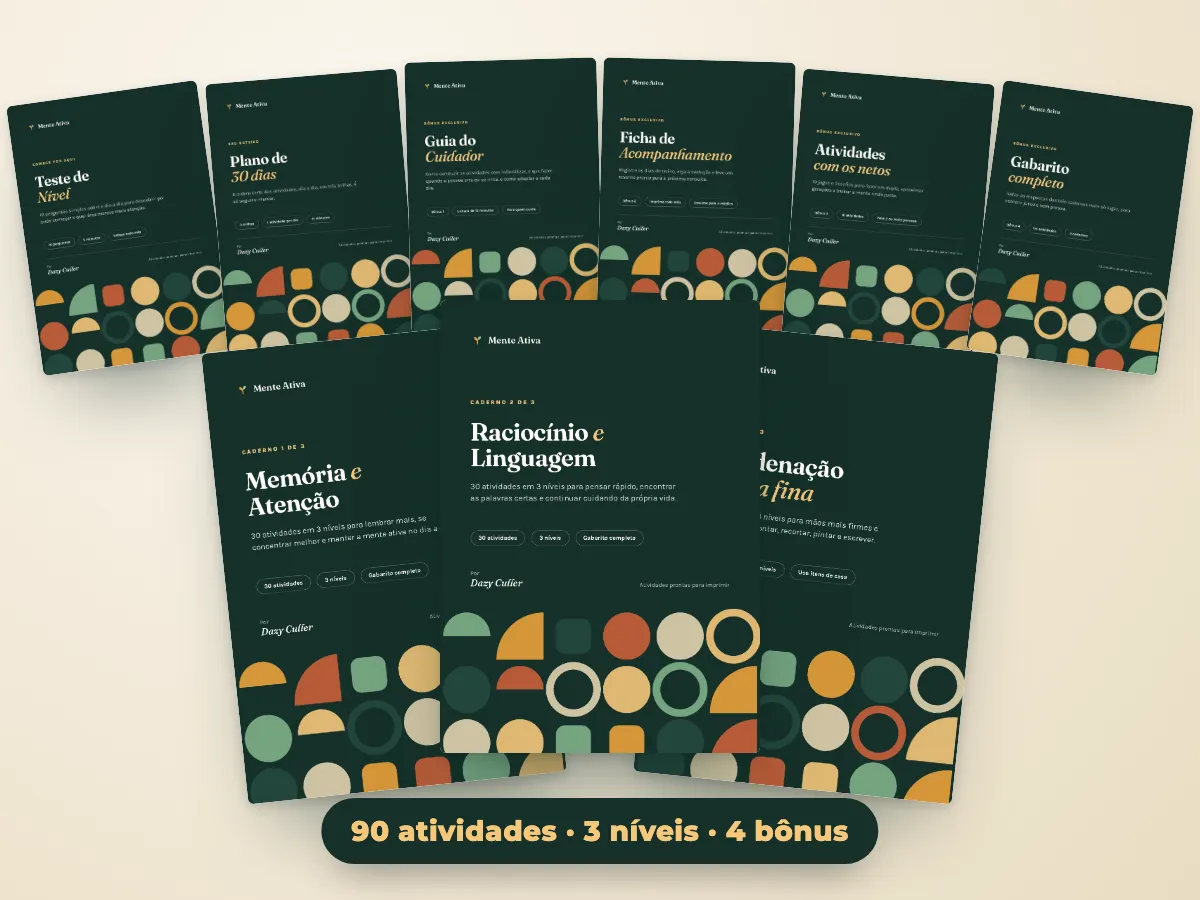 Todos os materiais do Kit Mente Ativa: 3 cadernos, Teste de Nível, Plano de 30 Dias e 4 bônus.