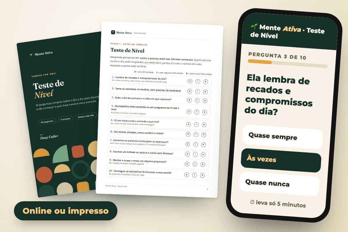 Capa e página do Teste de Nível impressos, e o teste online aberto no celular.